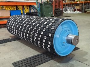 Brain Industries 50% ceramic lagging on a refurbished conveyor pulley