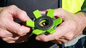 The green tabs on the Visyload load sensing washer curl down when fully deployed confirm a rock bolt or anchor’s safe working load limit